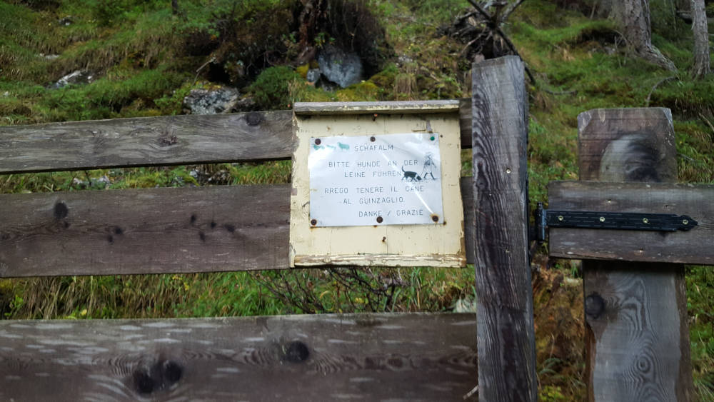 Hinweisschild der Schafalm auf dem Wanderweg zum Hochebenkofel